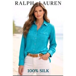 LAUREN RALPH LAUREN Womens M 100% Silk Long Slv Button Solid Aqua Blue Shirt Top